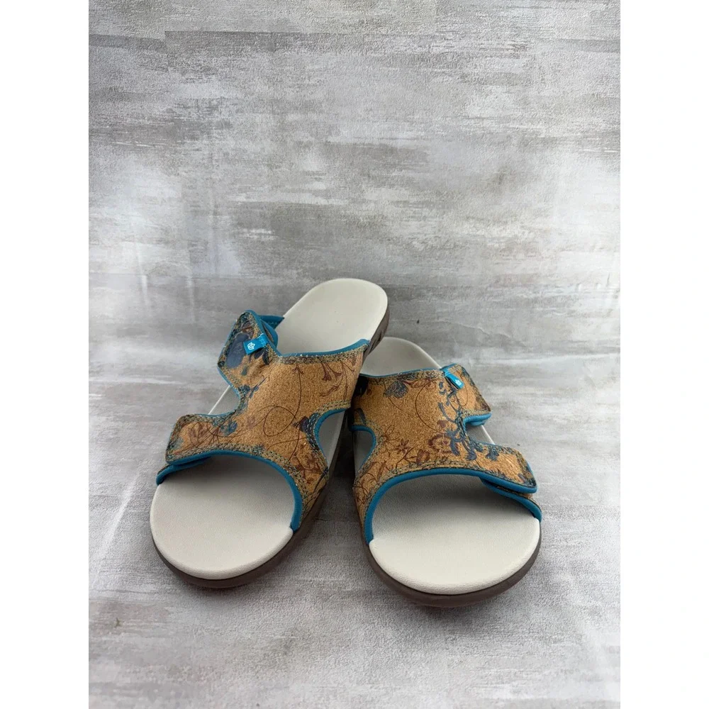 Spenco Kholo Women Sz 10B Orthotic Slide Sandals Tan Blue Floral Cork Adjustable